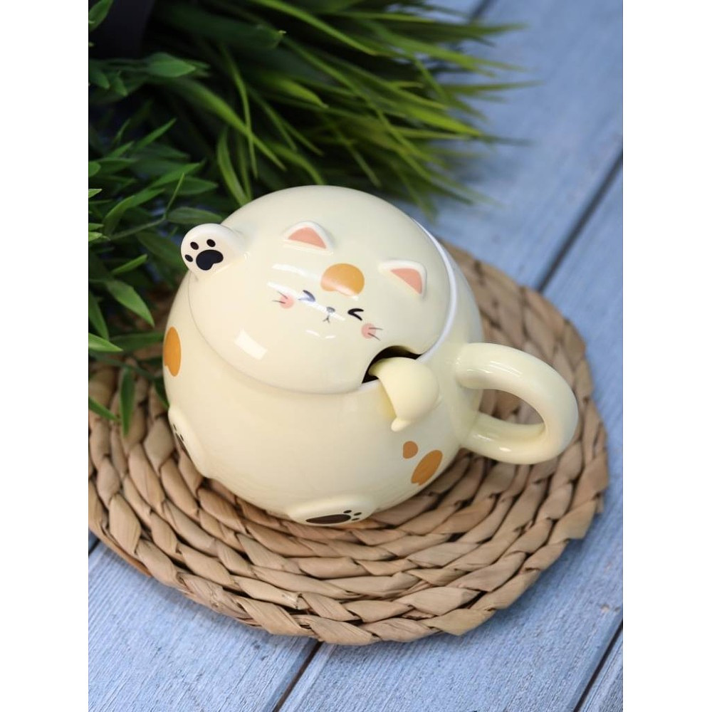 Кружка с крышкой "Chubby cat", 460 мл., керамика, с ложкой, желтый - 3 Кружка с крышкой "Chubby cat", 460 мл., керамика, с ложкой, желтый - 3