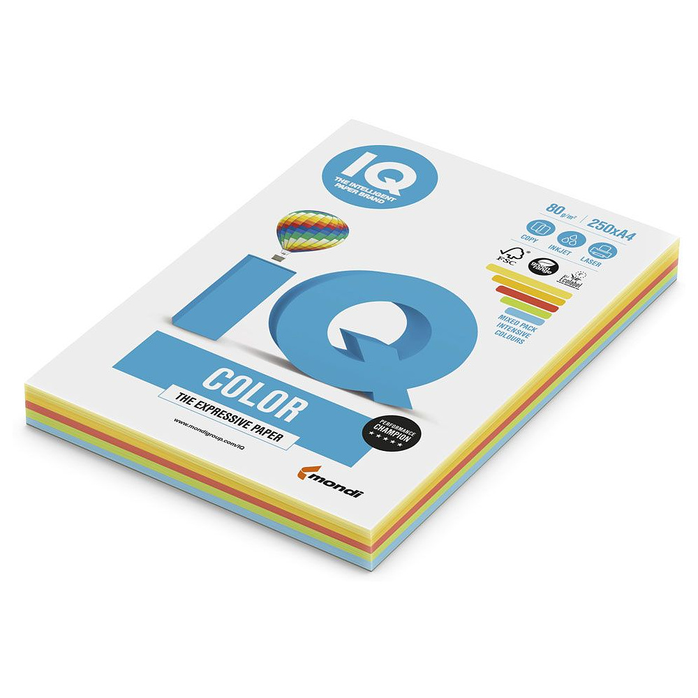 Бумага цветная "IQ Color", A4, 250 листов, 80 г/м2, mix intensive