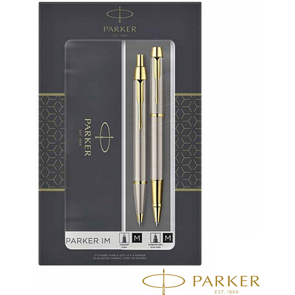 Набор ручка шариковая автоматическая + ручка-роллер "Parker IM Brushed Metal GT", -30%