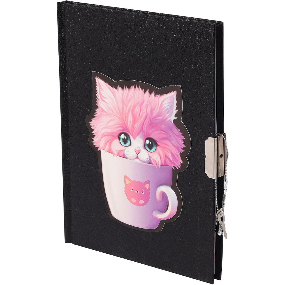 Книга записная "Кот в кружке", А5, 56 листов, черный, розовый