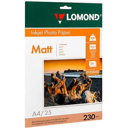 Фотобумага матовая для струйной фотопечати "Lomond", A4, 25 листов, 230 г/м2
