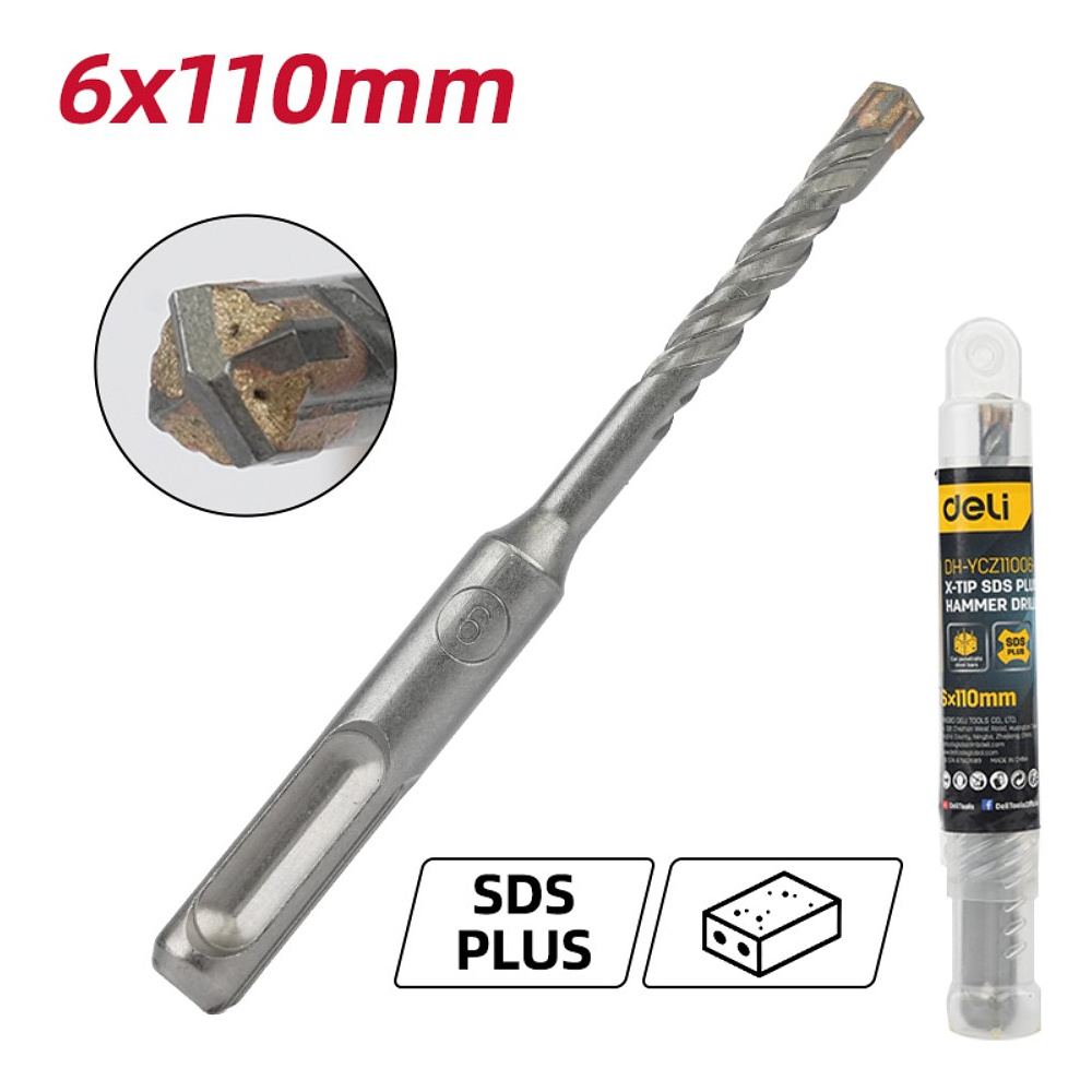 Бур по бетону Deli YS EDH-YCZ11006-E1, 6x110 мм, X-Tip, SDS-PLUS - 2 Бур по бетону Deli YS EDH-YCZ11006-E1, 6x110 мм, X-Tip, SDS-PLUS - 2