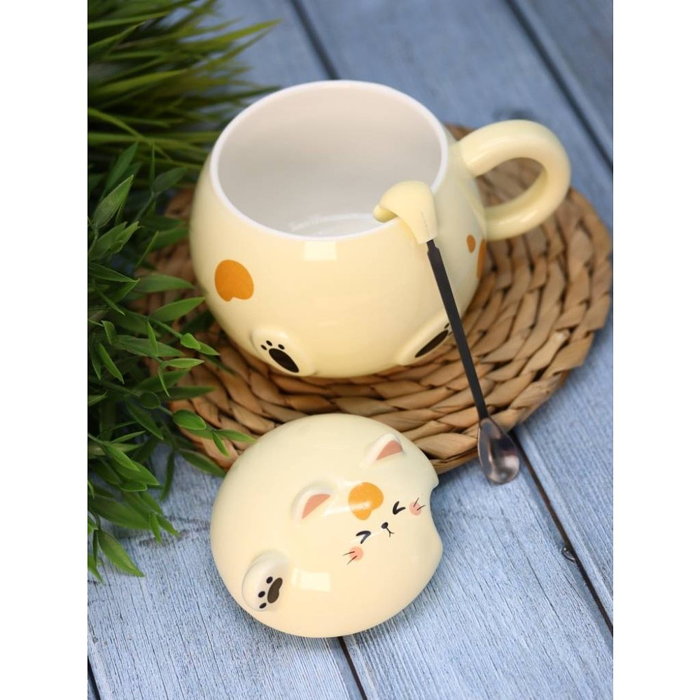 Кружка с крышкой "Chubby cat", 460 мл., керамика, с ложкой, желтый - 5 Кружка с крышкой "Chubby cat", 460 мл., керамика, с ложкой, желтый - 5
