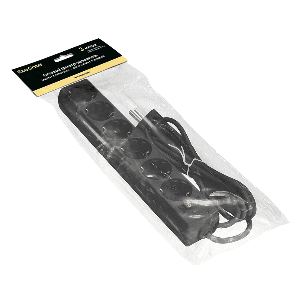 Сетевой фильтр ExeGate SP-6-3B, EX119393RUS , 3м, 6 розеток, черный - 2