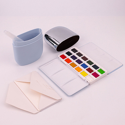 Набор для рисования акварелью "Himi Miya" (краски 18 цветов, кисть, бумага, стакан), голубой футляр - 3