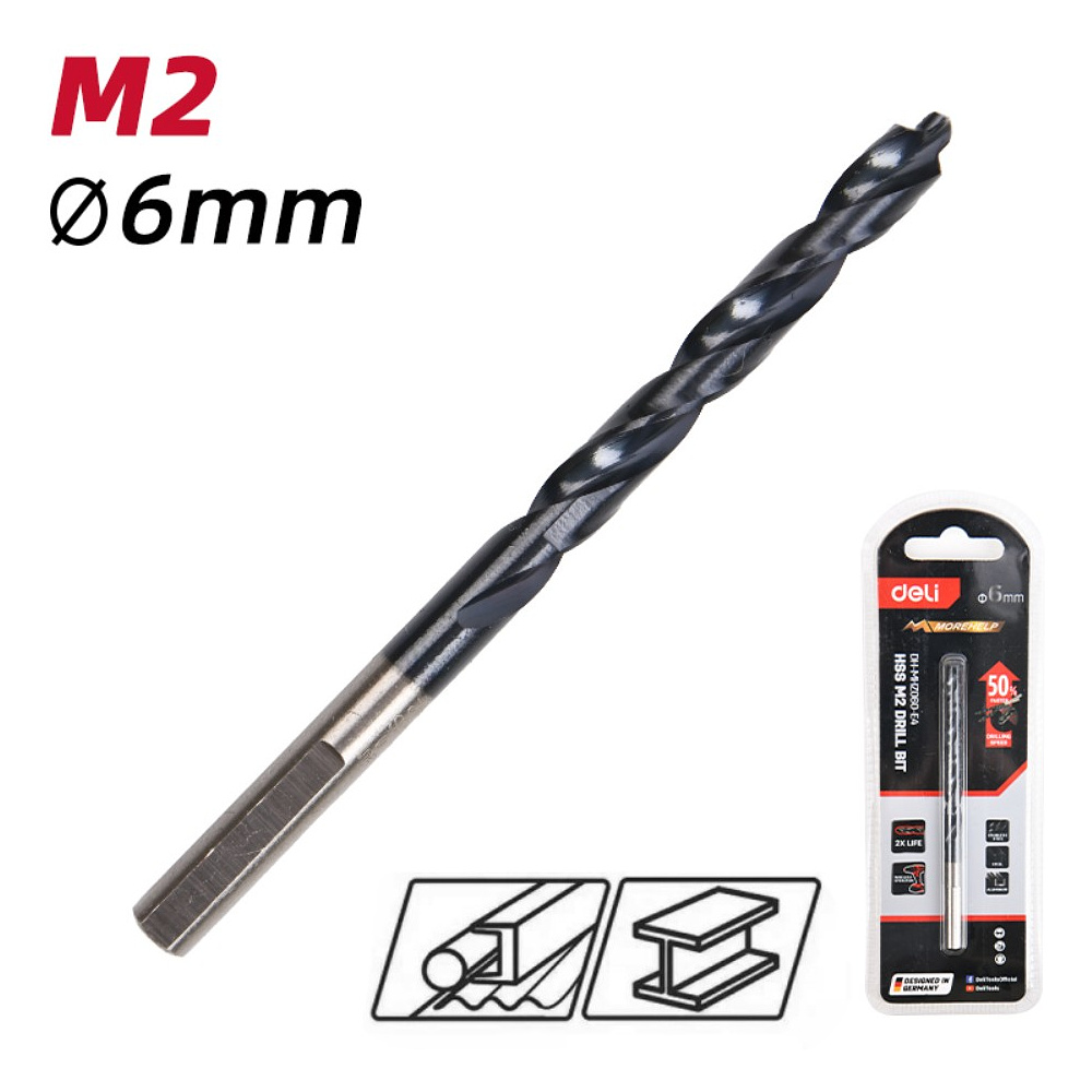 Сверло по металлу Deli RS EDH-MHZ060-E4, 6.0 мм, DIN 338, HSS-TiN - 2 Сверло по металлу Deli RS EDH-MHZ060-E4, 6.0 мм, DIN 338, HSS-TiN - 2