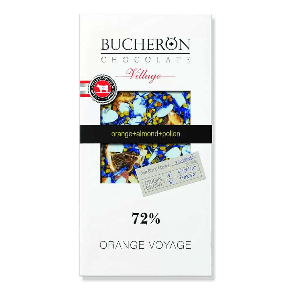 Шоколад горький Bucheron "Village", 100 гр., с апельсином, миндалем, цветочной пыльцой и васильком