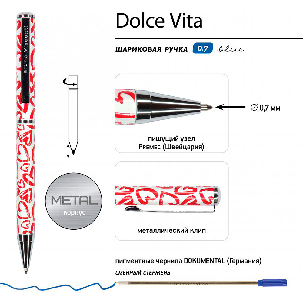 Ручка шариковая автоматическая "Dolce Vita. Сердечки. Красные", 0.7 мм, белый, красный, стерж. синий - 3