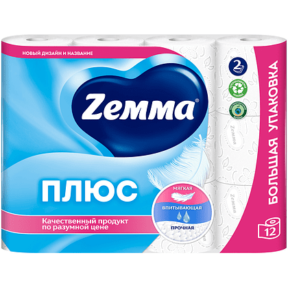 Бумага туалетная Zemma Плюс, 12 рулонов, 2 слоя, белый - 2
