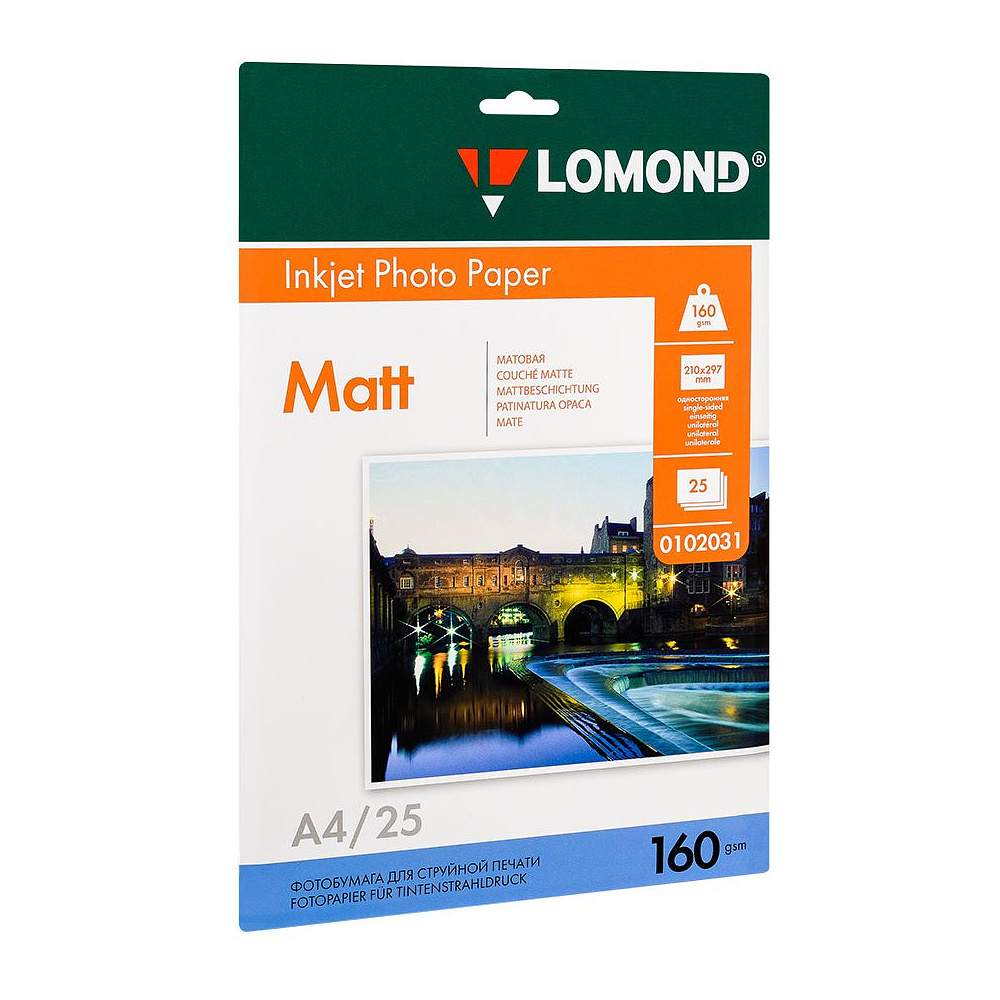 Фотобумага матовая для струйной фотопечати "Lomond", A4, 25 листов, 160 г/м2