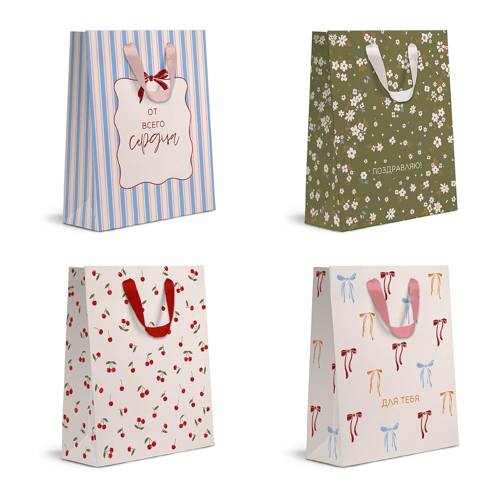 Пакет бумажный подарочный "Cherry Lady", 31х41х10 см, ассорти