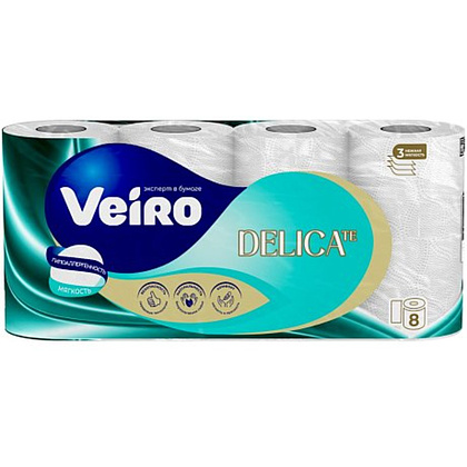 Бумага туалетная Veiro Delicate, 8 рулонов, 3 слоя, белый 