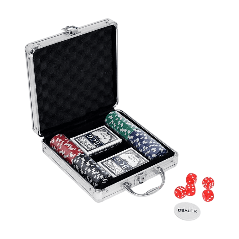 Игра настольная "Покер" в металлическом кейсе (2 колоды карт, фишки 100 штук, 5 кубиков)