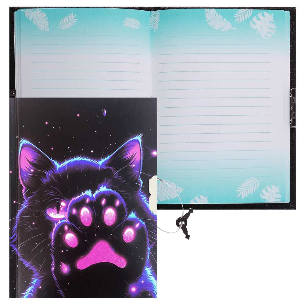 Книга записная "Cosmo Cat", А6, 110x150 мм, 56 листов, в линейку, с замком, черный