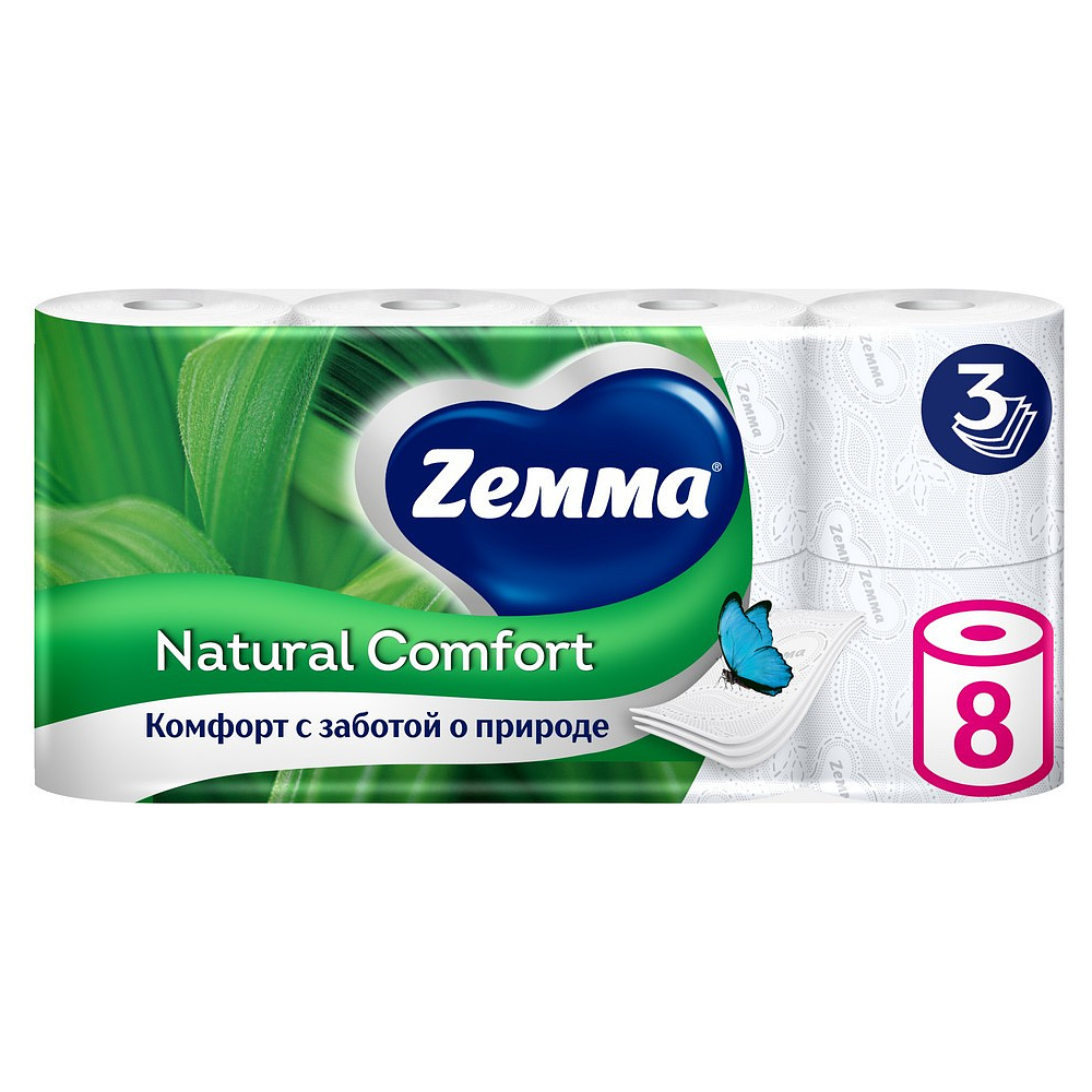 Бумага туалетная Zemma Natural Comfort, 8 рулонов, 3 слоя, белый