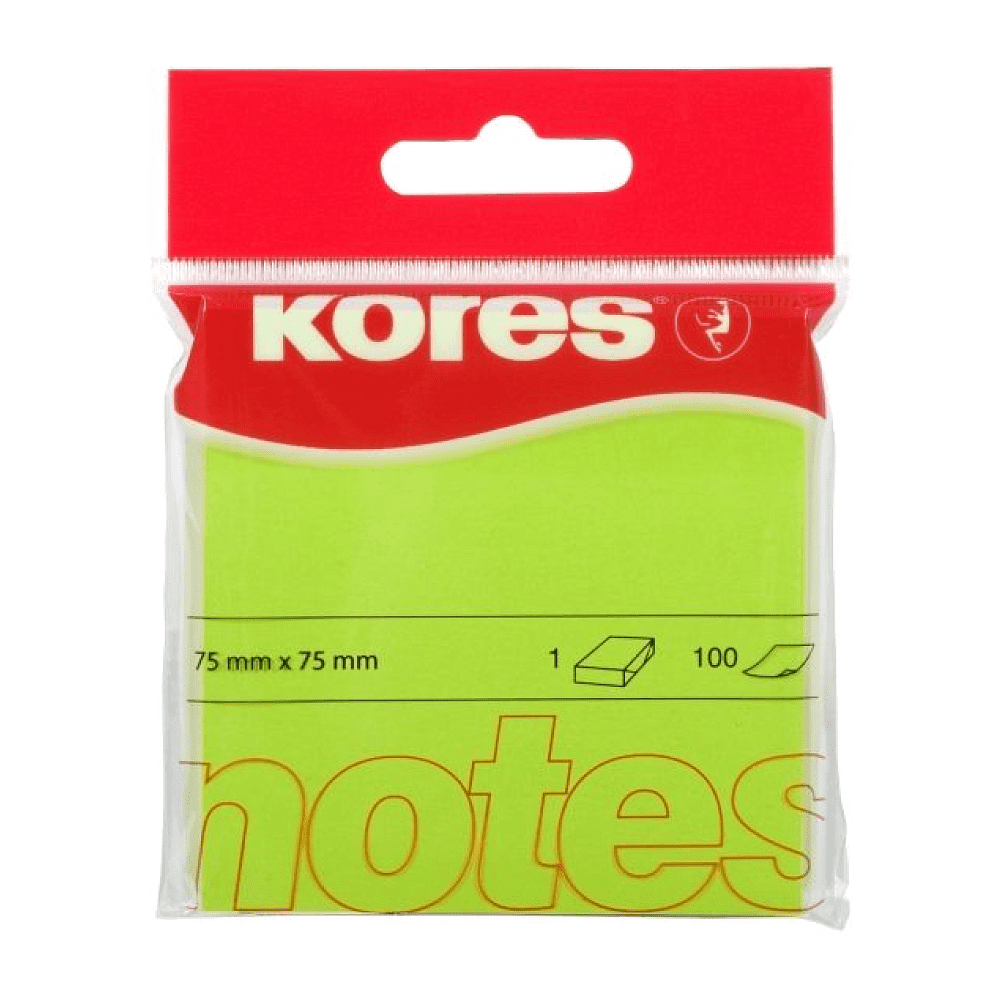 Бумага для записей на клейкой основе "Kores", 75x75 мм, 100 листов, зеленый неон