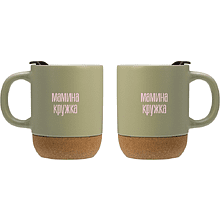 Кружка керамическая "Мамина кружка", 400 мл, с пробковым дном и крышкой, зеленый оливковый