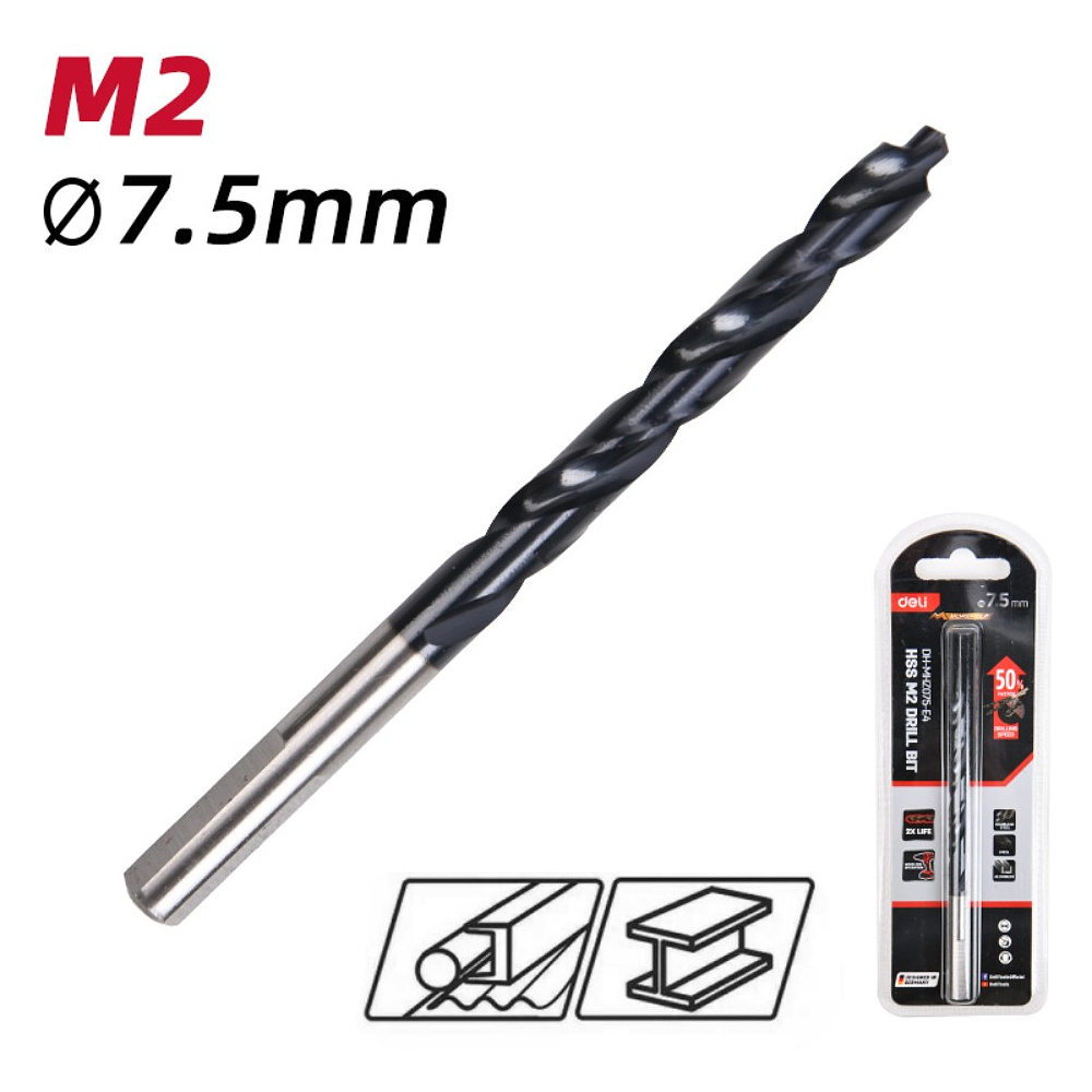 Сверло по металлу Deli RS EDH-MHZ075-E4, 7.5 мм, DIN 338, HSS-TiN - 2 Сверло по металлу Deli RS EDH-MHZ075-E4, 7.5 мм, DIN 338, HSS-TiN - 2