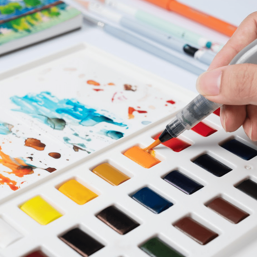 Набор для рисования акварелью "Himi New" (краски 24 цвета, кисть, блок для акварели, карандаш 2 шт., лайнер, стакан для воды, ластик), белый футляр - 7