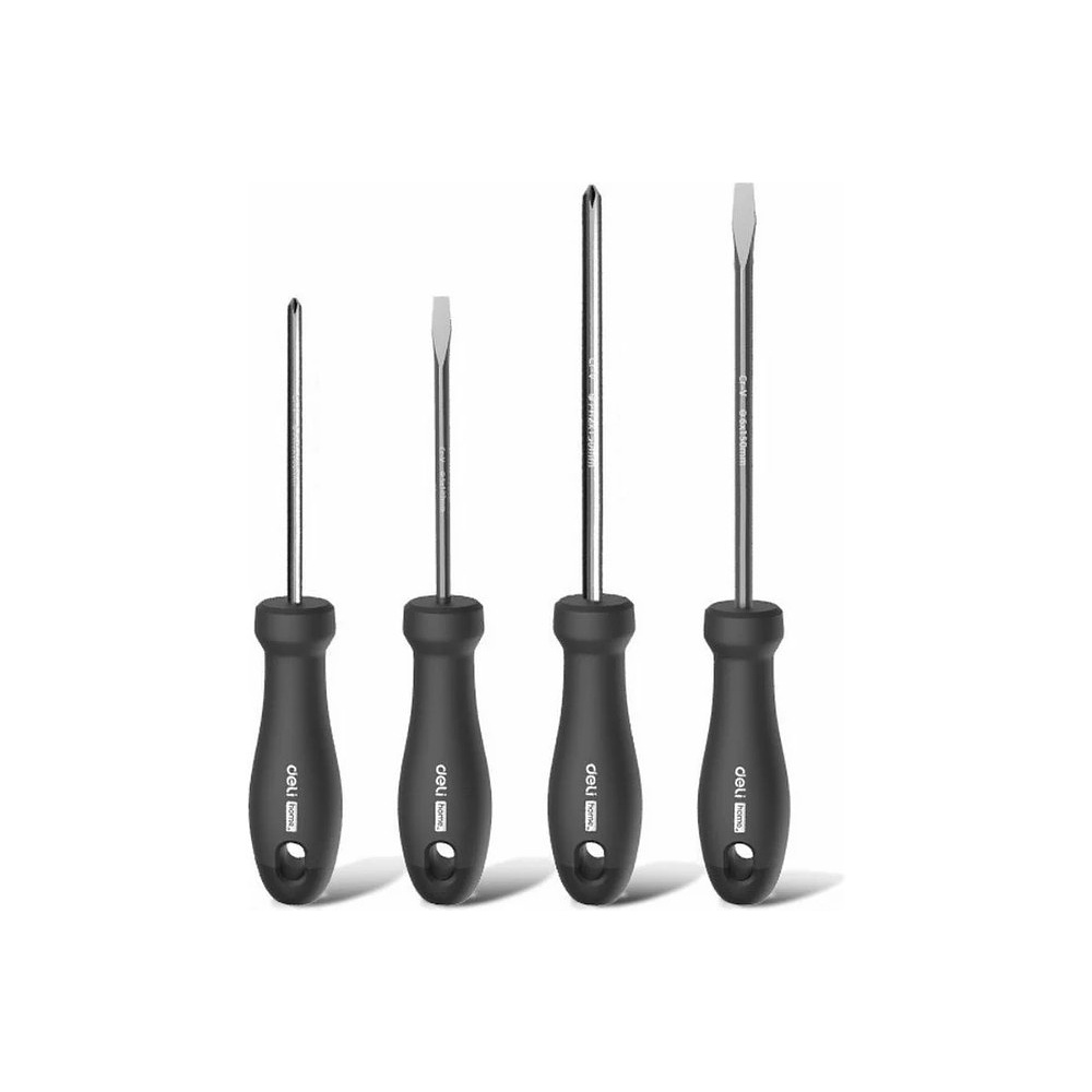 Набор отверток Deli HS HT1004, 4 шт. (PH1х100,PH2х150,SL5х100, SL6х150), Soft Touch, черный