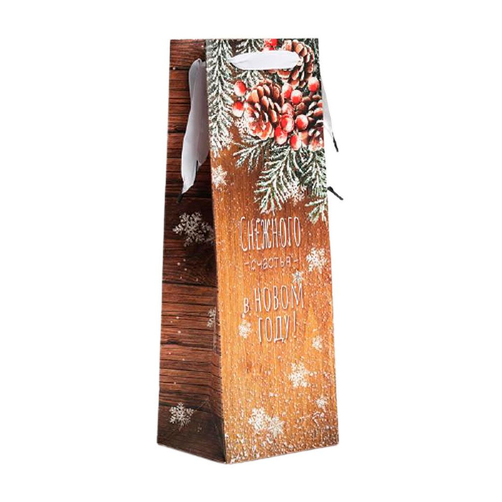 Пакет бумажный подарочный для бутылки "Снежного счастья в новом году", 36x13x10 см, разноцветный