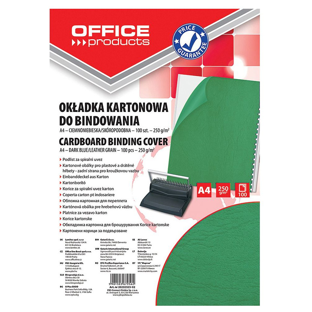Обложка для переплета "Office Products", A4, картон с тиснением под кожу, 250 г/м2, 100 шт., зеленый