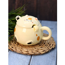 Кружка с крышкой "Chubby cat", 460 мл., керамика, с ложкой, желтый