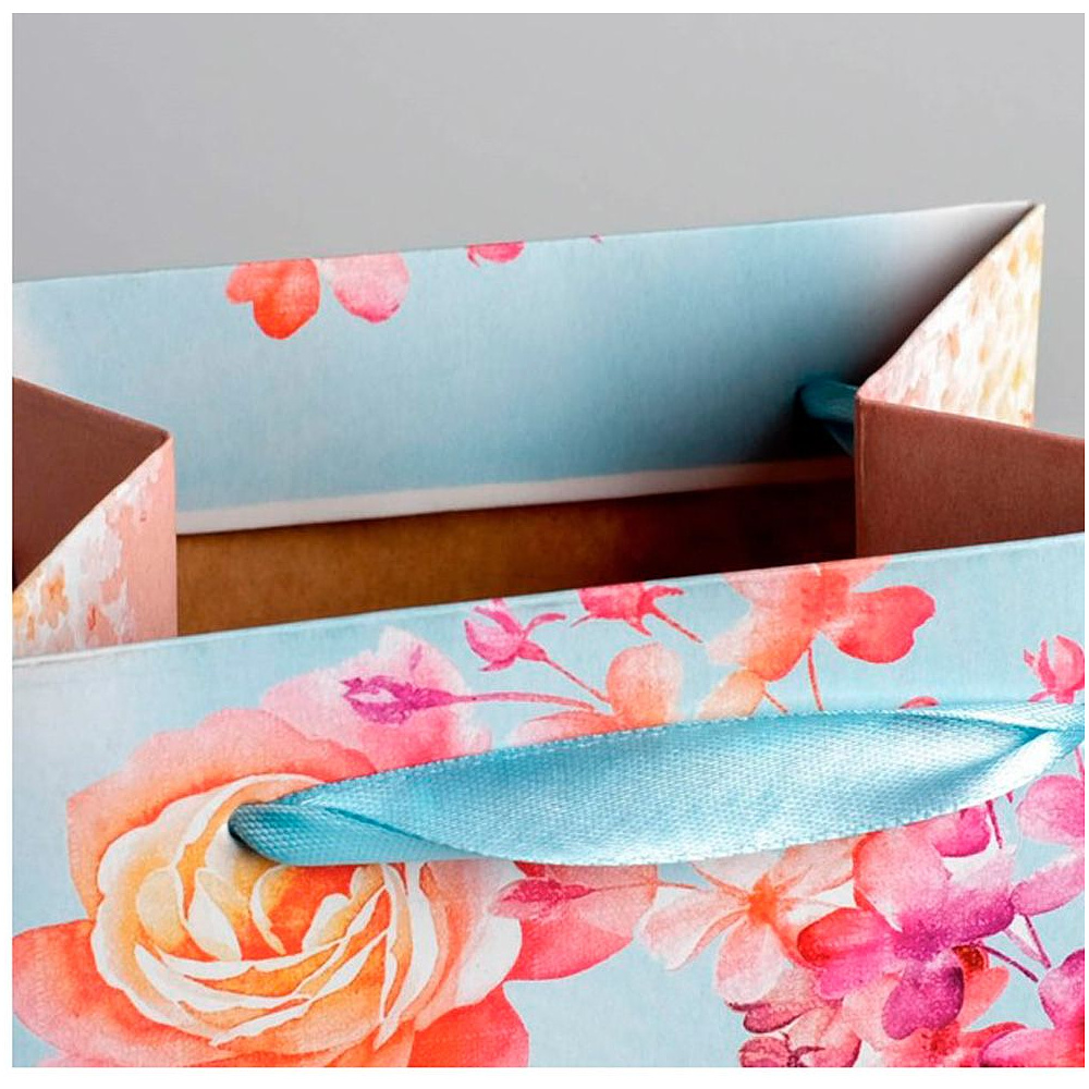 Пакет бумажный подарочный "Цветы и бабочки" для бутылки, 13x36x10 см, разноцветный - 3
