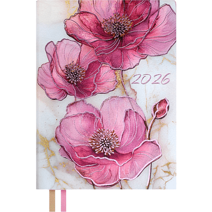 Ежедневник датированный "Розовые маки", А6, 353 страницы, розовый, 2026