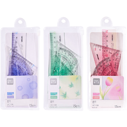 Набор чертежный "Deli VC158": линейка 15 см, треугольник 45 и 60 гр, транспортир 180 гр, ассорти