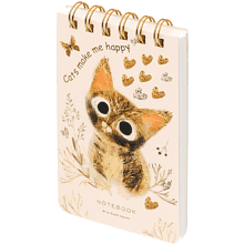 Блокнот  "Love me. Милый котик", В6, 100 листов, линейка, спираль сверху, бежевый