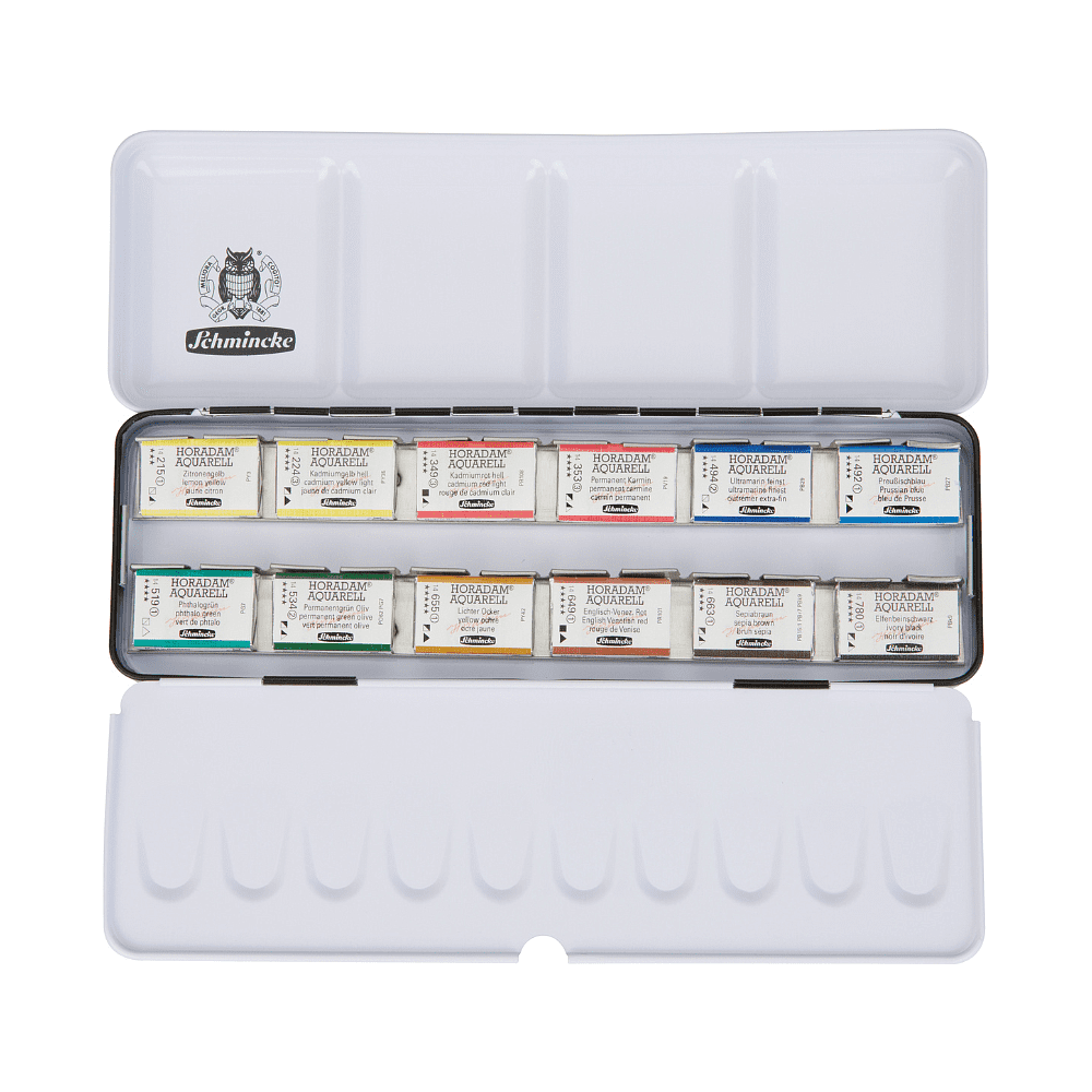 Краски акварельные "Schmincke. Horadam", набор 12 цветов, кюветы, металлическая коробка - 4