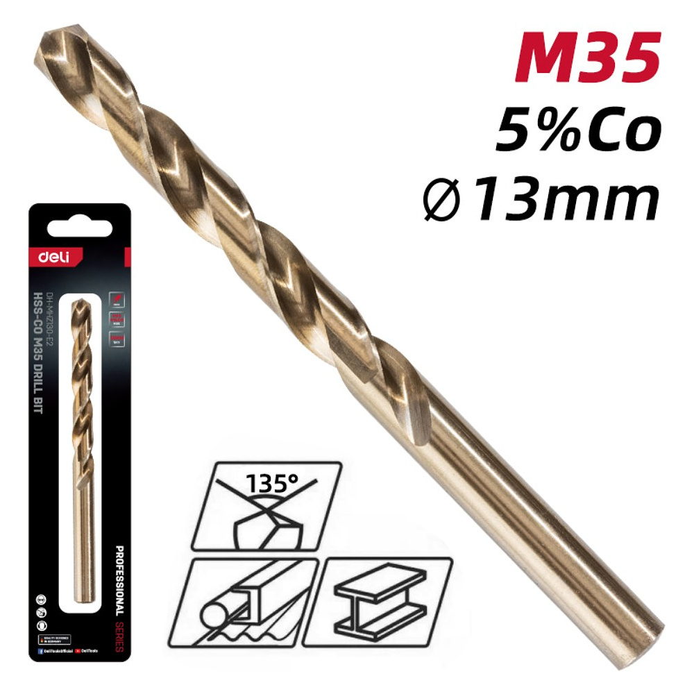 Сверло по металлу Deli RS EDH-MHZ130-E2, 13.0 мм, DIN 338, HSCo 5% - 2 Сверло по металлу Deli RS EDH-MHZ130-E2, 13.0 мм, DIN 338, HSCo 5% - 2