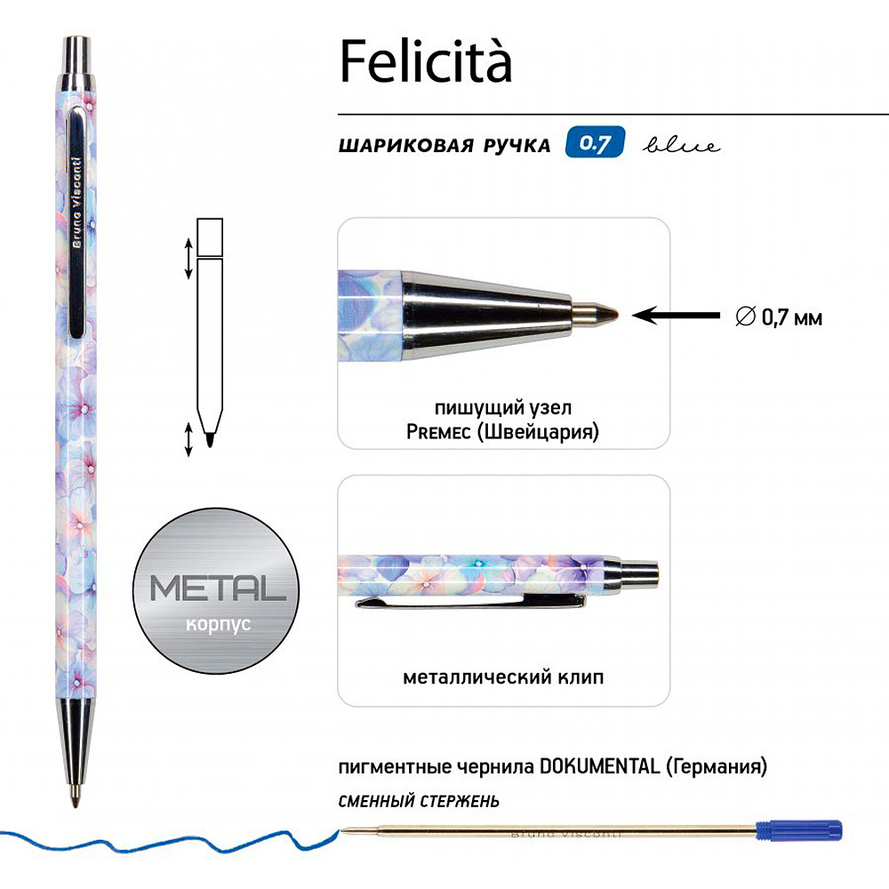 Ручка шариковая автоматическая "Felicita. Цветы. Нежность", 0.7 мм, разноцветный, стерж. синий - 3