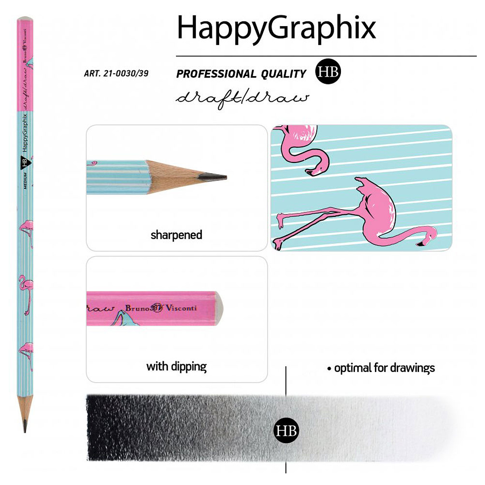 Карандаш чернографитный "HappyGraphix. Фламинго", HВ, без ластика, голубой, розовый - 3