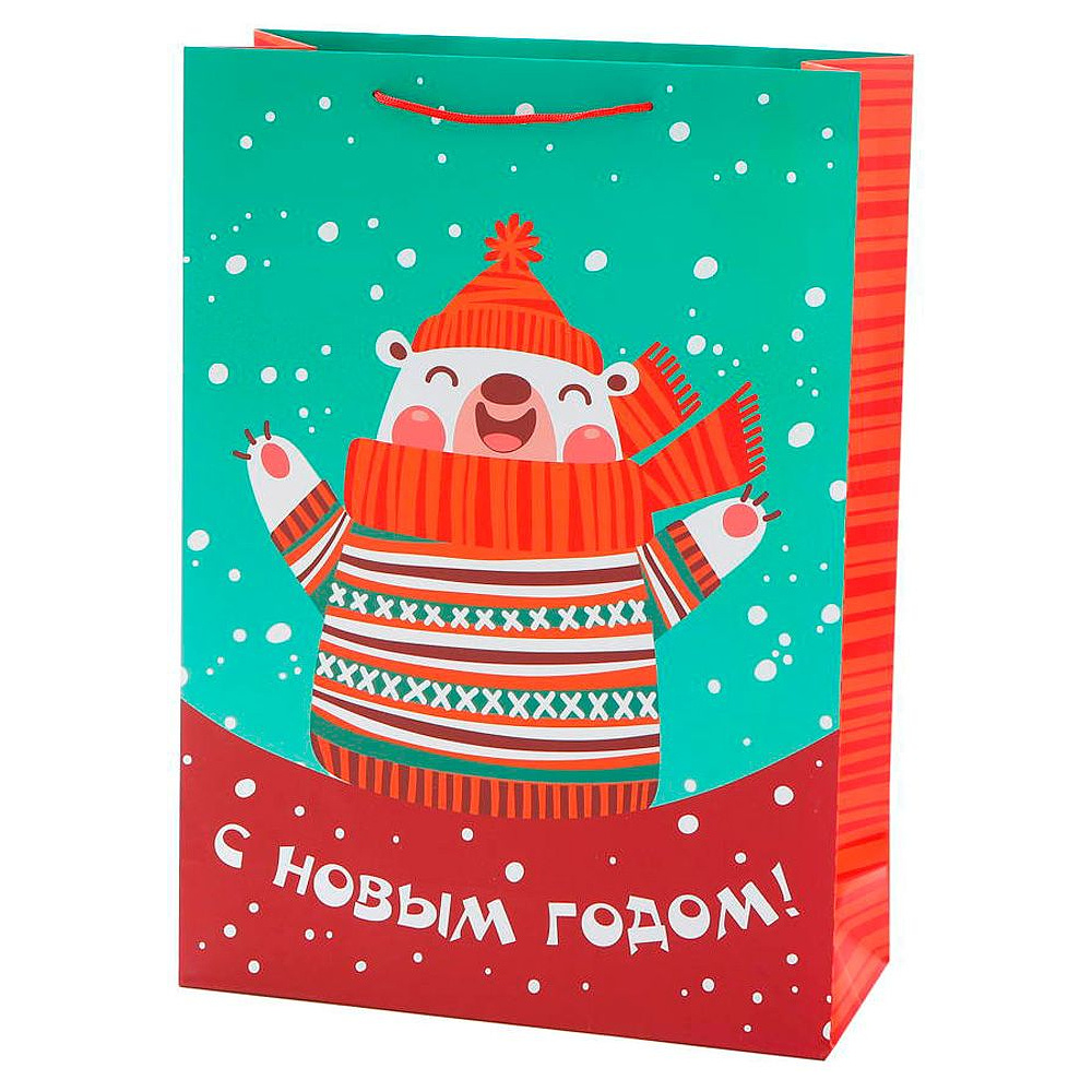 Пакет бумажный подарочный "Мишка", 33x45.7x12.7 см, разноцветный, красный