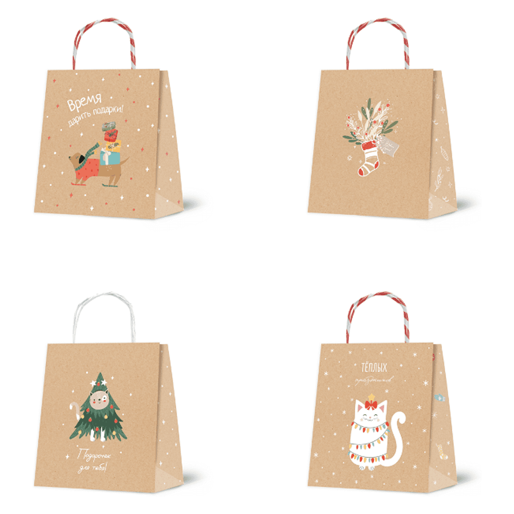 Пакет бумажный подарочный "Christmas Kraft", 16*18*8 см, ассорти