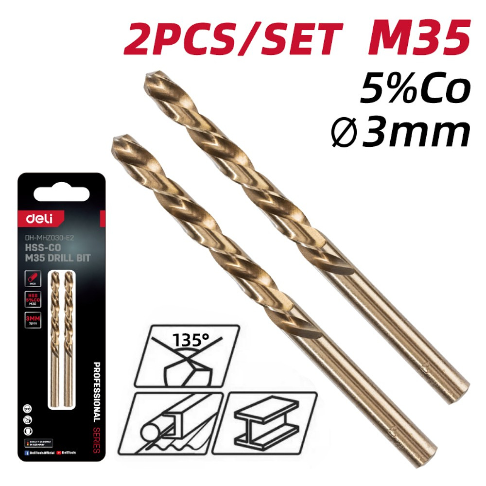 Сверло по металлу Deli RS EDH-MHZ030-E2, 2 шт, 3.0 мм, DIN 338, HSCo 5% - 2 Сверло по металлу Deli RS EDH-MHZ030-E2, 2 шт, 3.0 мм, DIN 338, HSCo 5% - 2
