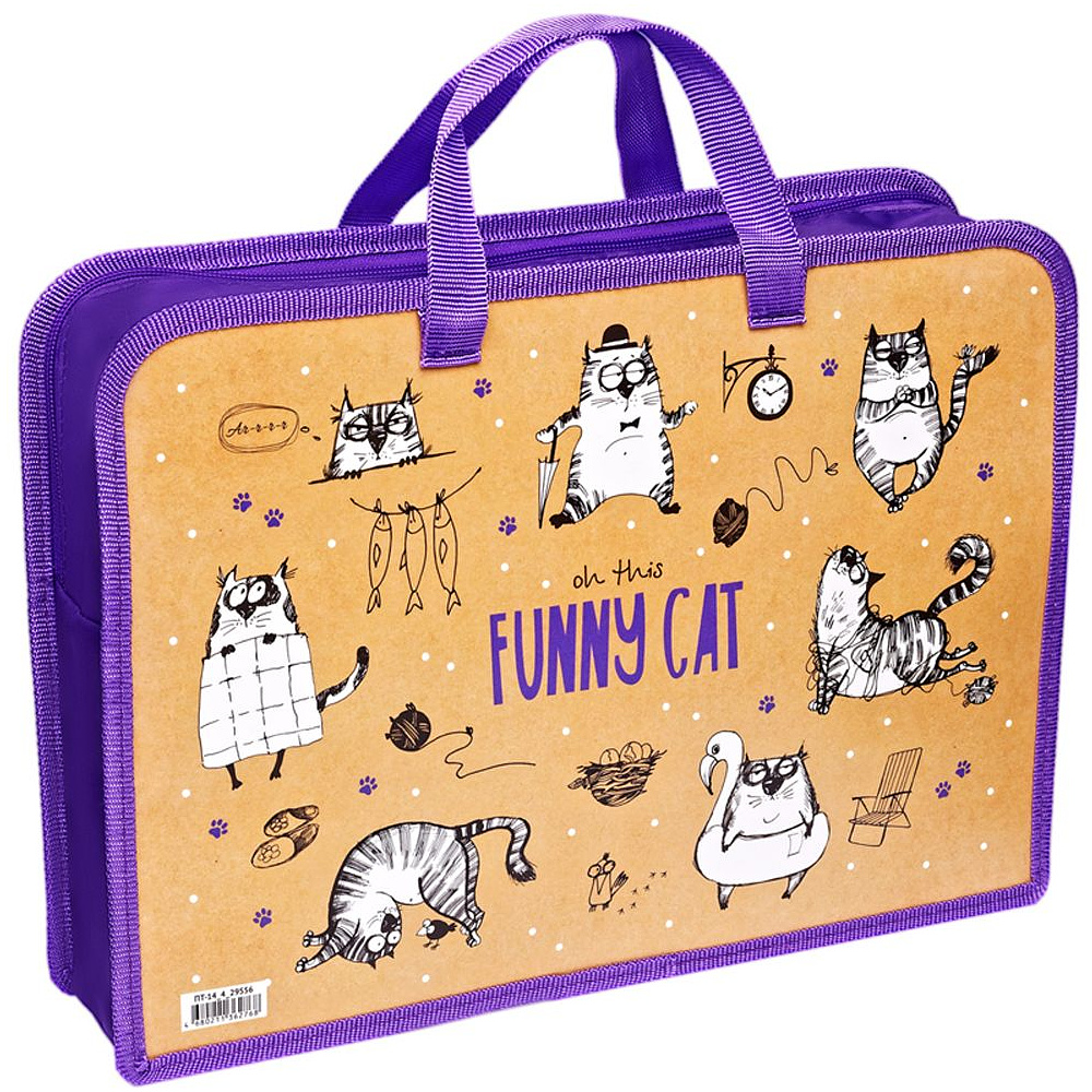 Папка для тетрадей с ручками "Funny cat", А4, молния, пластик, разноцветный