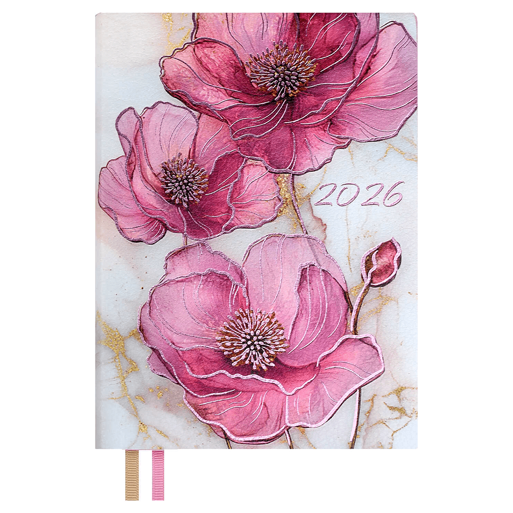 Ежедневник датированный "Розовые маки", А6, 353 страницы, розовый, 2026