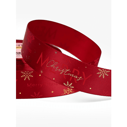 Лента атласная декоративная "Merry Christmas", 25 мм, 23±1 м, красный, золотой - 2