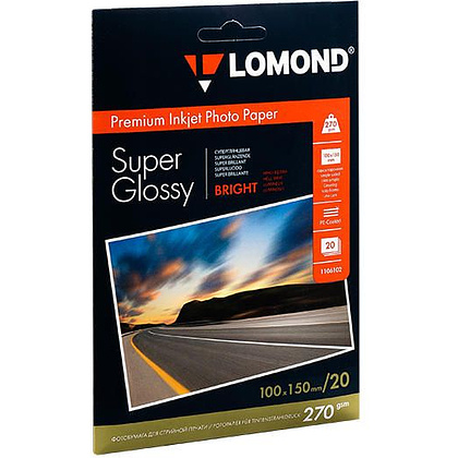 Фотобумага суперглянцевая ярко-белая для струйной фотопечати "Lomond", A6, 20 листов, 270 г/м2