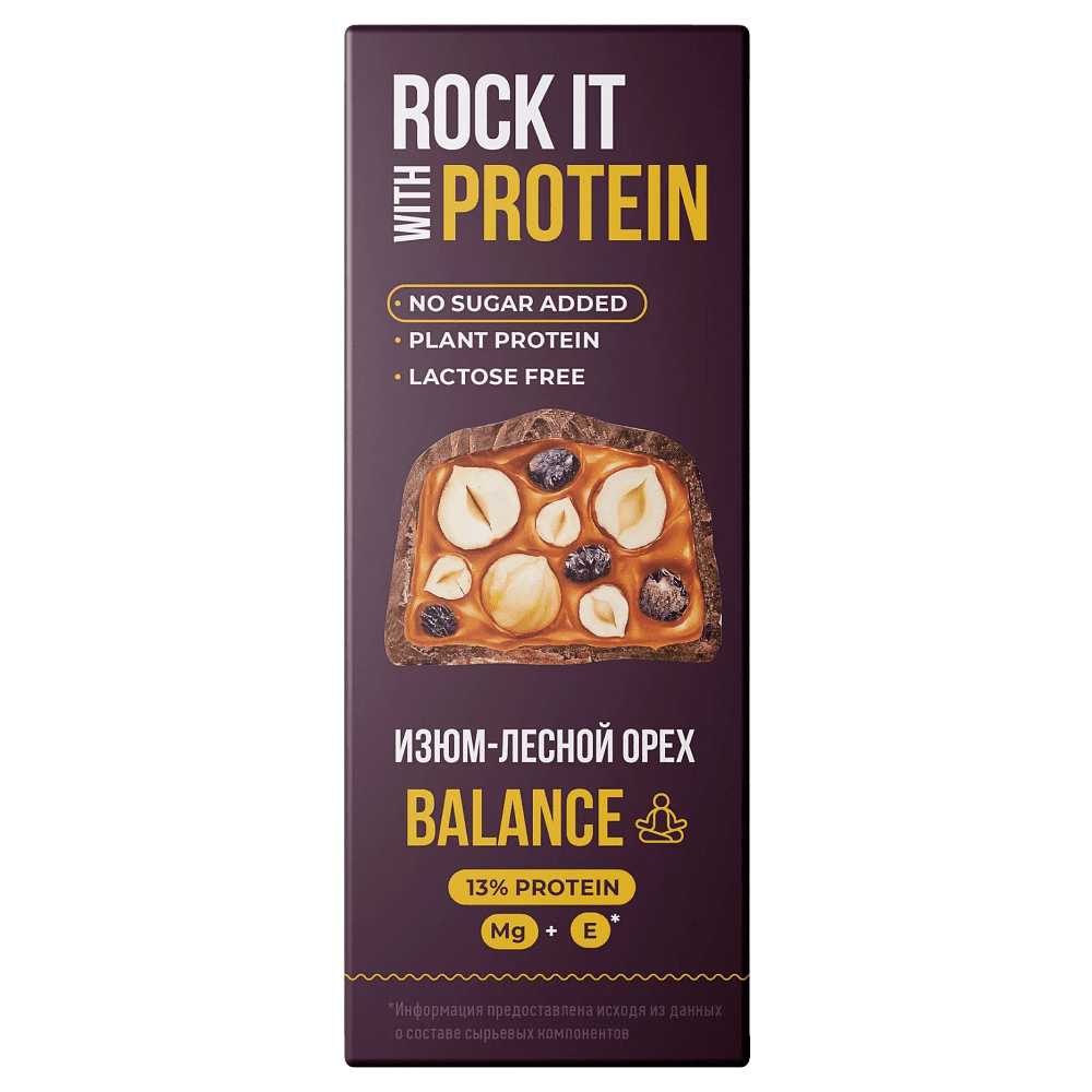 Батончик протеиновый "Rock it with", лесной орех и изюм, 40 гр