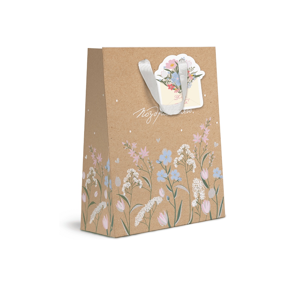 Пакет бумажный подарочный "Spring Flowers", 18х23х10 см, крафт, ассорти - 4