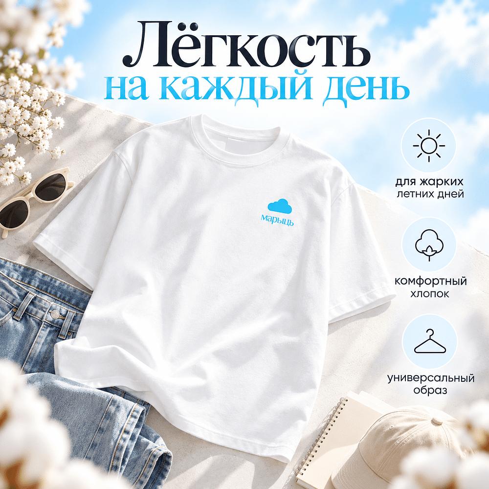 Футболка унисекс "Марыць", M-L, хлопок, белый, голубой - 3
