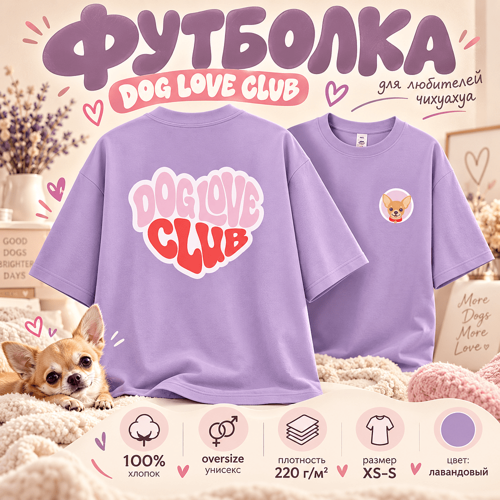 Футболка унисекс "Чихуахуа. Dog love club", XS-S, хлопок, оверсайз, лавандовый