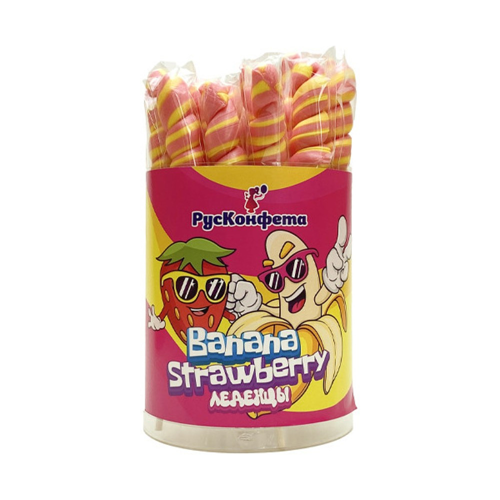 Карамель леденцовая "Banana Strawberry", на палочке, со вкусом клубники и банана, 25 шт x 20 гр 