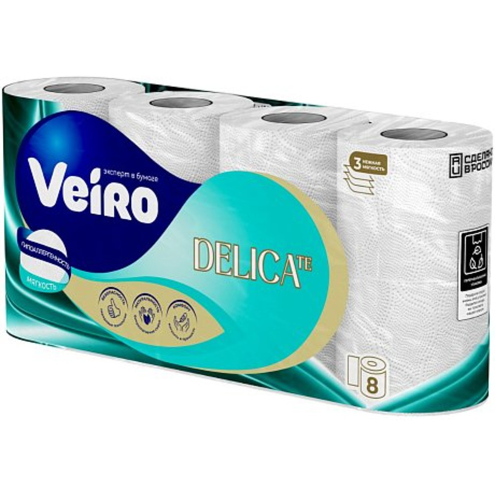 Бумага туалетная Veiro Delicate, 8 рулонов, 3 слоя, белый  - 3