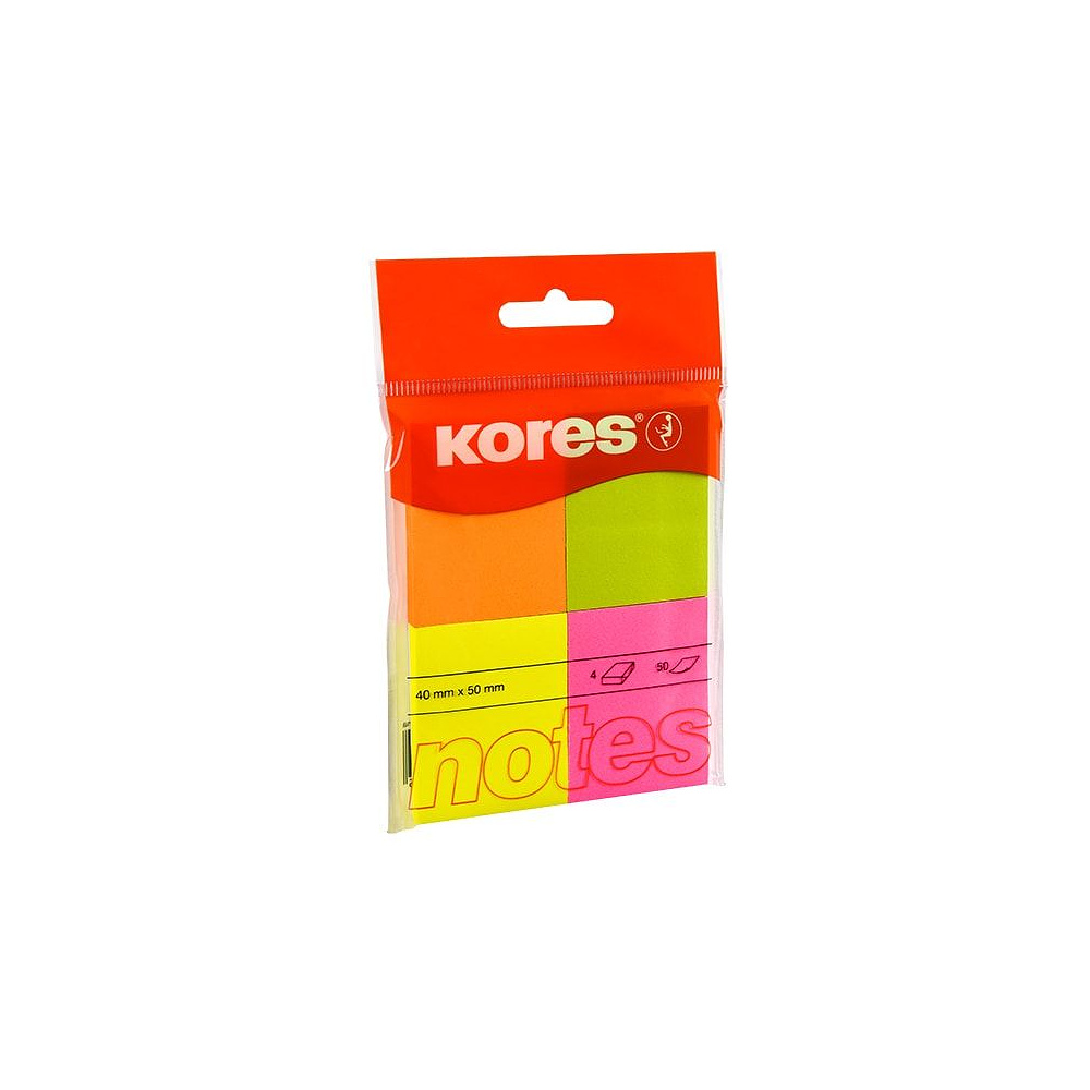 Бумага для записей на клейкой основе "Kores", 40x50 мм, 200 листов, ассорти неон