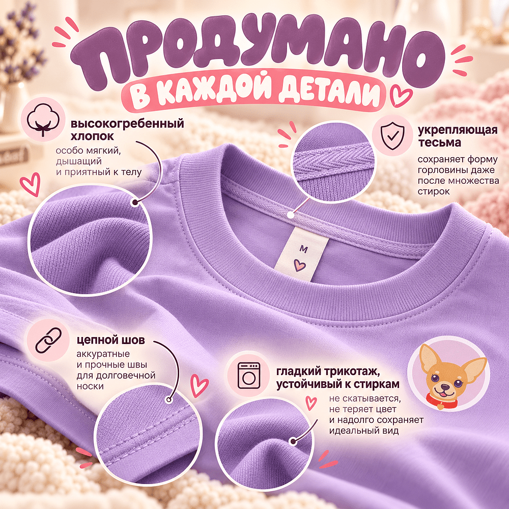 Футболка унисекс "Чихуахуа. Dog love club", XS-S, хлопок, оверсайз, лавандовый - 3